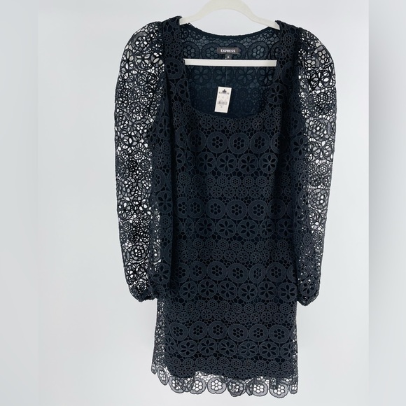 Express Crochet Overlay Square Neck Puff Shoulder Little Black Dress, NWT - Picture 1 of 8